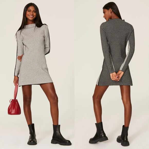 Victor Glemaud Dress Checked Cashmere Cotton Mock Neck Mini Black White L - Picture 2 of 11